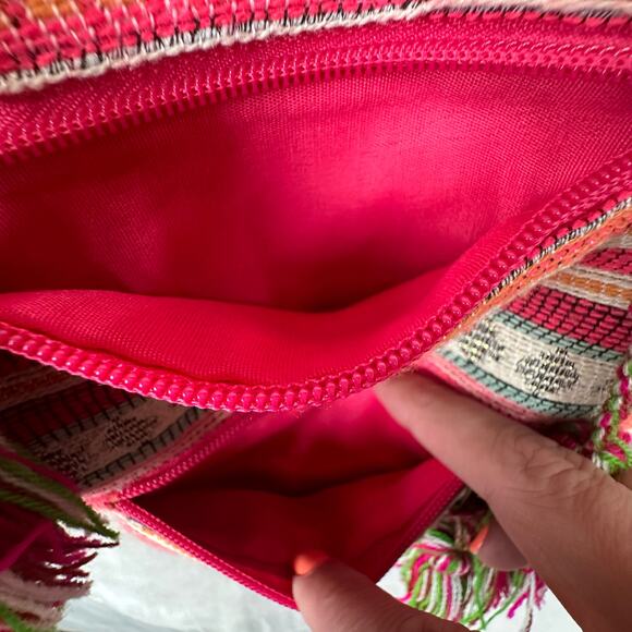 America And Beyond Crossbody Purse Pink Striped Embroidered Tassel Boho Festival - Picture 8 of 12